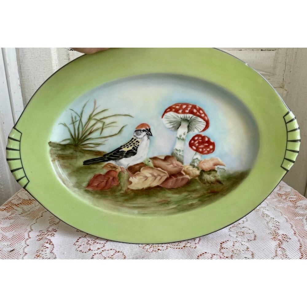 Vintage Hand Painted Platter Pate Finch Bird Red Spotted Mushrooms Kent China